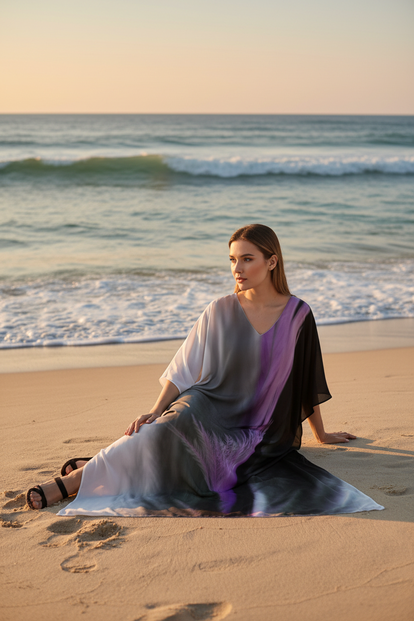 Woman wearing Gray/Lilac V-neck dress sitting on the beach