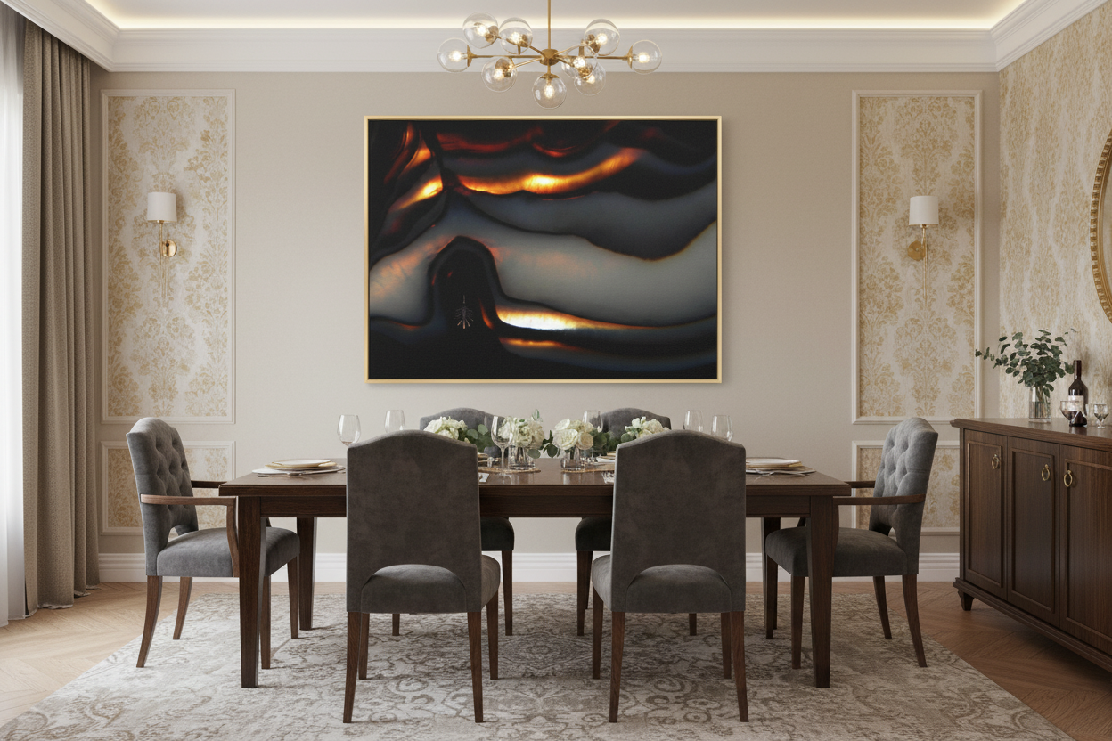 Artwork in light gold frame displayed in elegant dining room