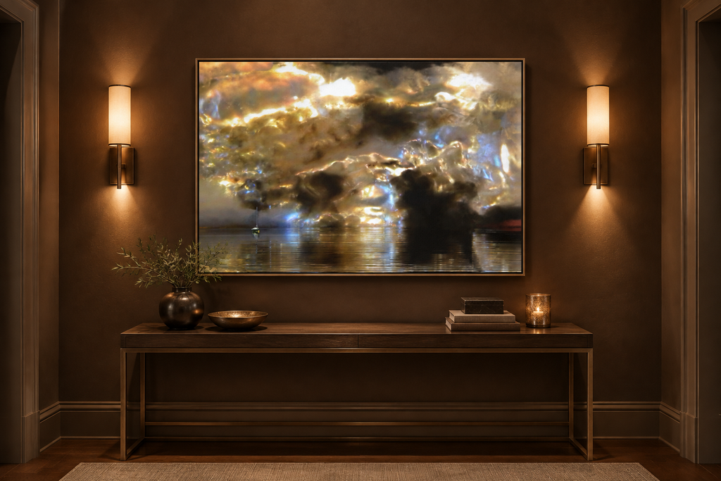 Fifth Dimension Seascape canvas displayed in a hall with dark brown walls and two matching lights