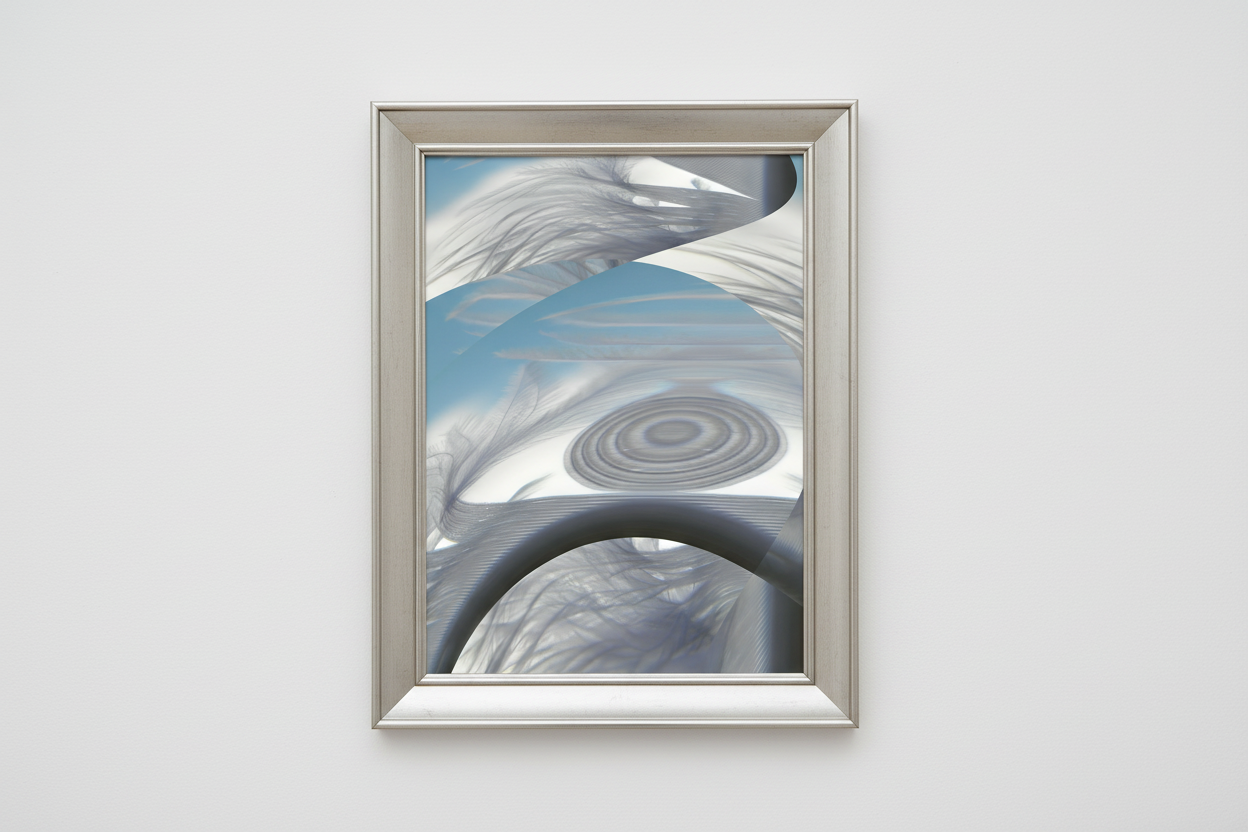 Blue and white abstract art with silver frame