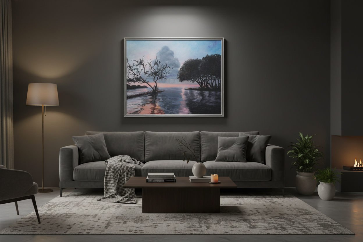 Artwork in silver frame displayed in low light living room