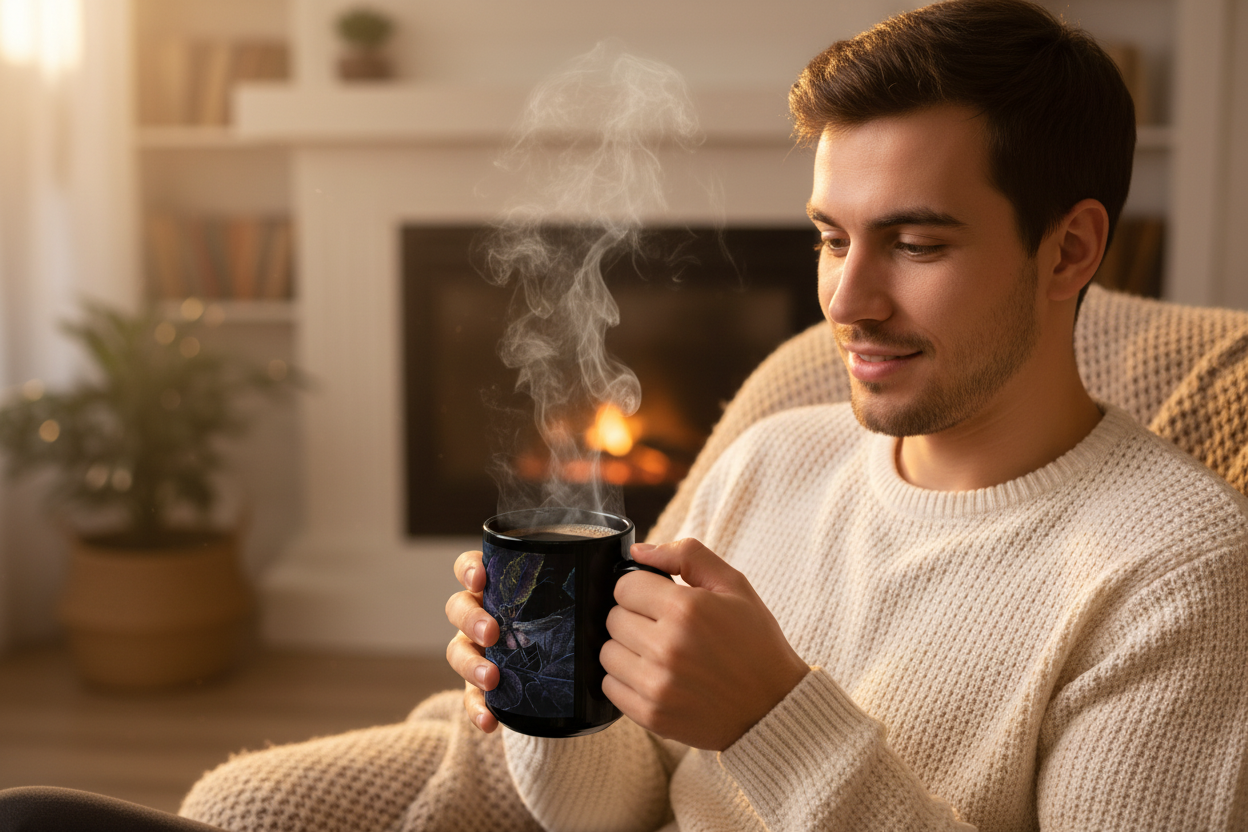 Young man holding dragonfly mug with hot coffee
