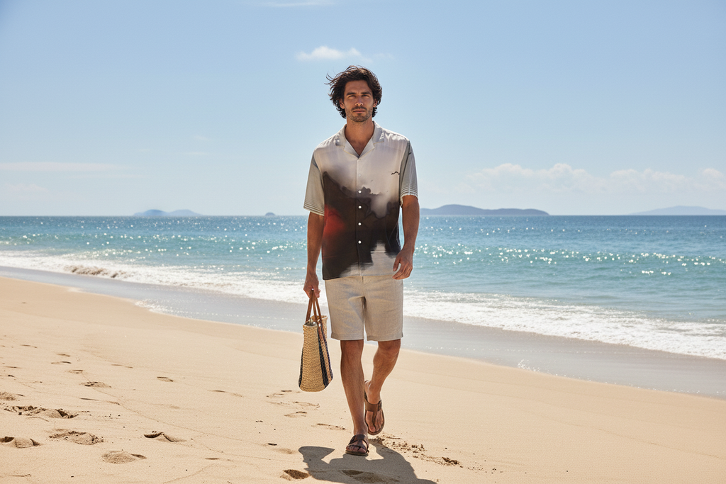 Man wearing islands Hawaiian rayon shirt walking on the beach