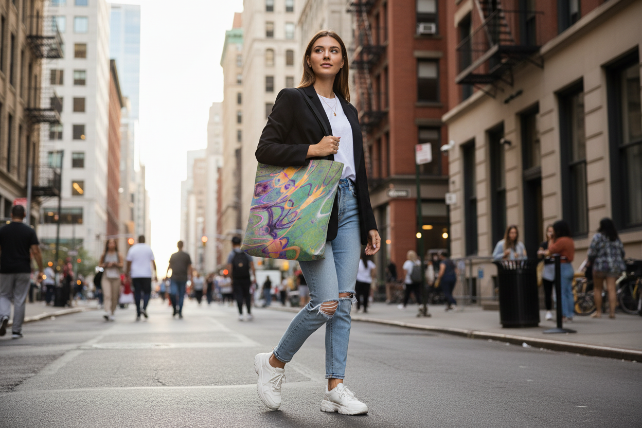 Girl with colorful abstract tote bag walking in the street