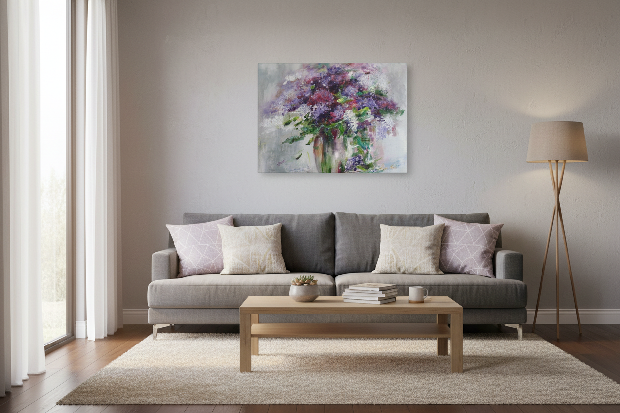 Lilac bouquet canvas print displayed in modern living room