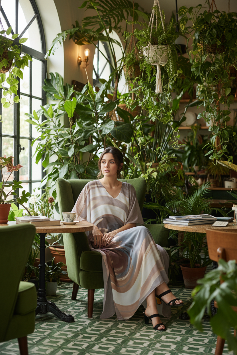 Woman wearing Gray/White V-neck dress in a green botanical café