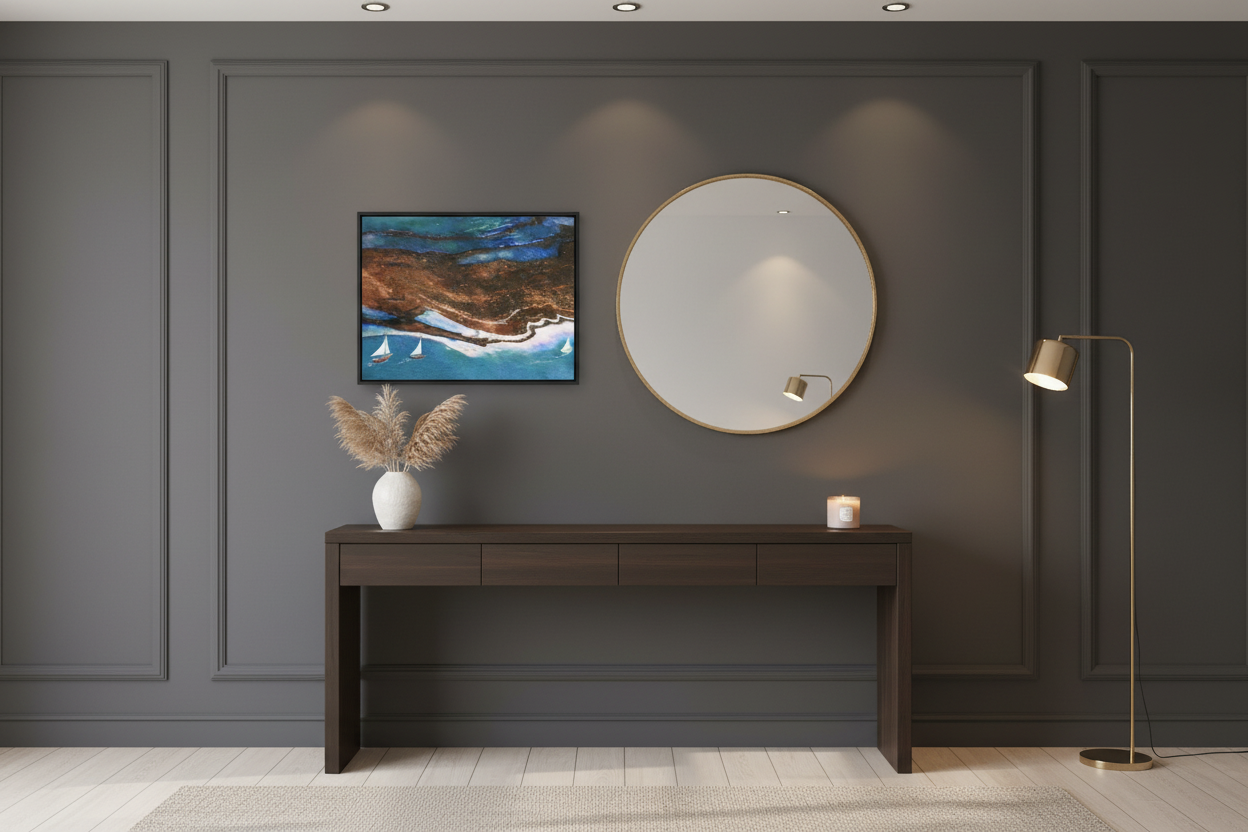 Coastal Sailing microphotography canvas print in a stylish entryway with gray walls