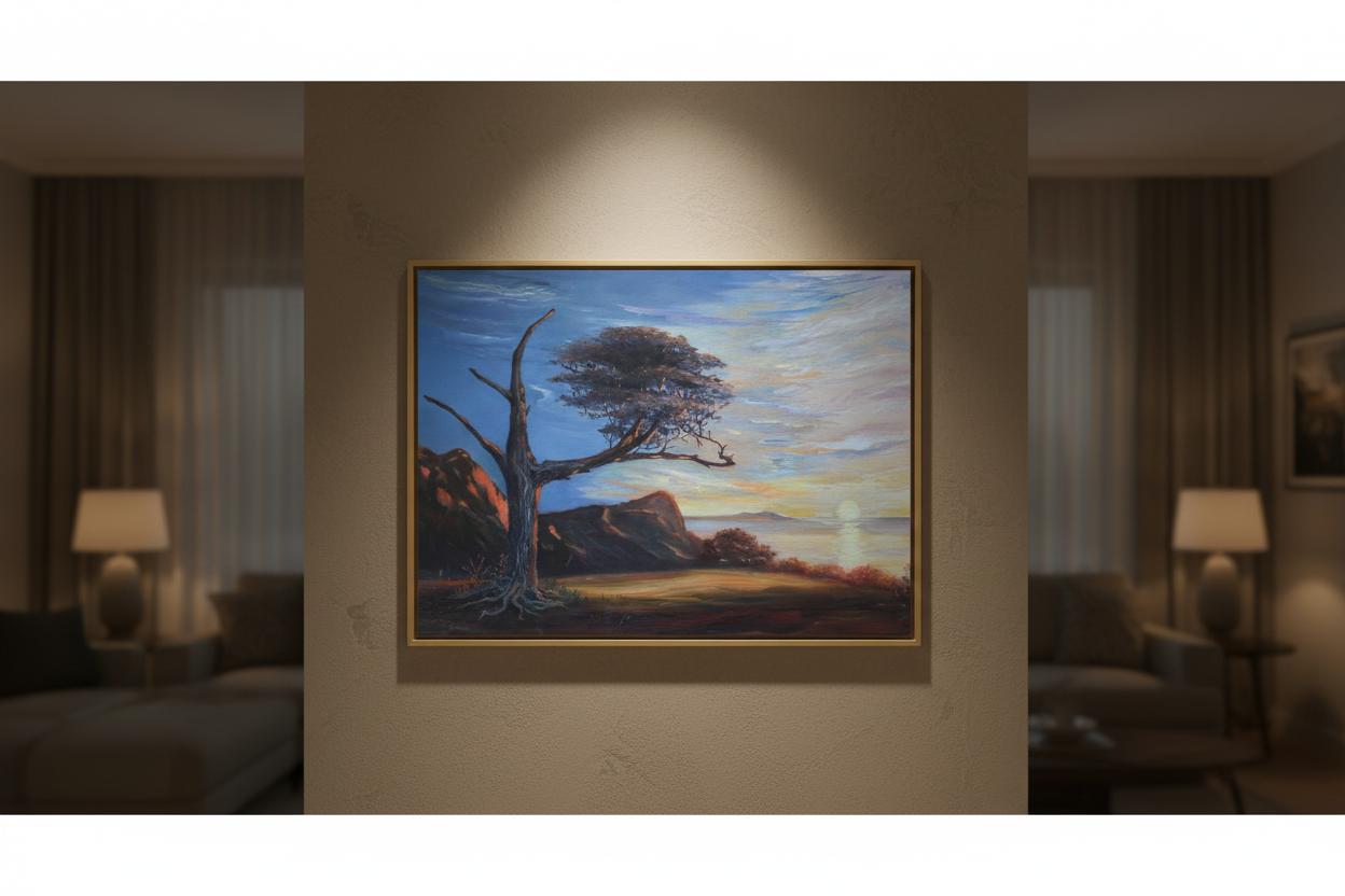 Artwork in thin light gold frame displayed in low light room