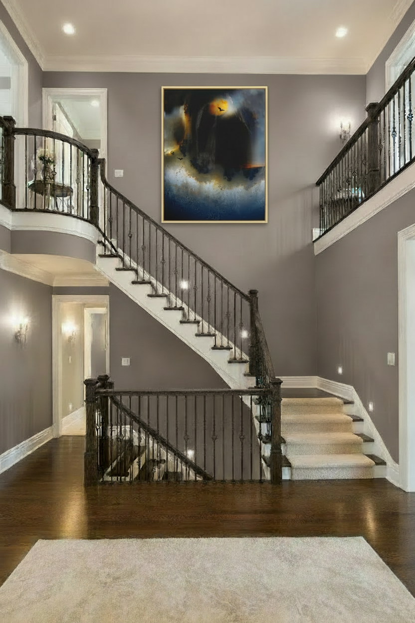 Artwork in light gold frame displayed oversized on gray two-story staircase wall
