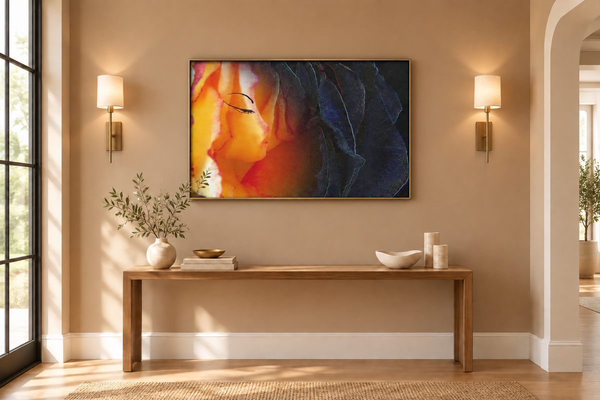 Tea Rose canvas displayed at a smaller scale in a bright entryway with warm brown walls and matching lights