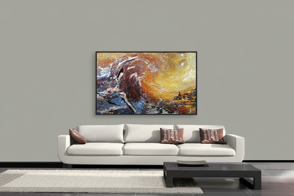 Abstract artwork displayed in minimalist living room above white sofa