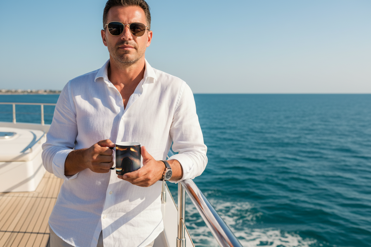 Man on yacht in ocean holding Inca City Morphing Mug