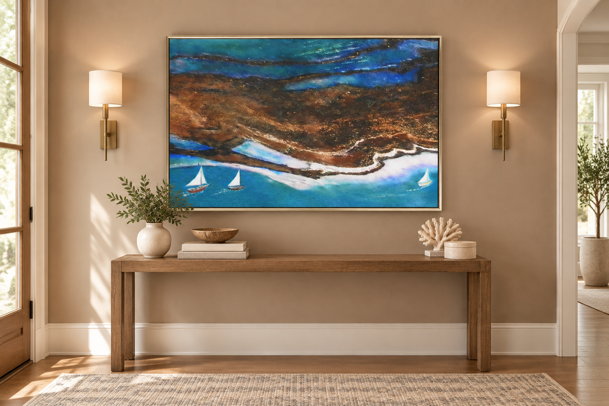 Coastal Sailing canvas displayed in a bright entryway with warm brown walls and matching lights