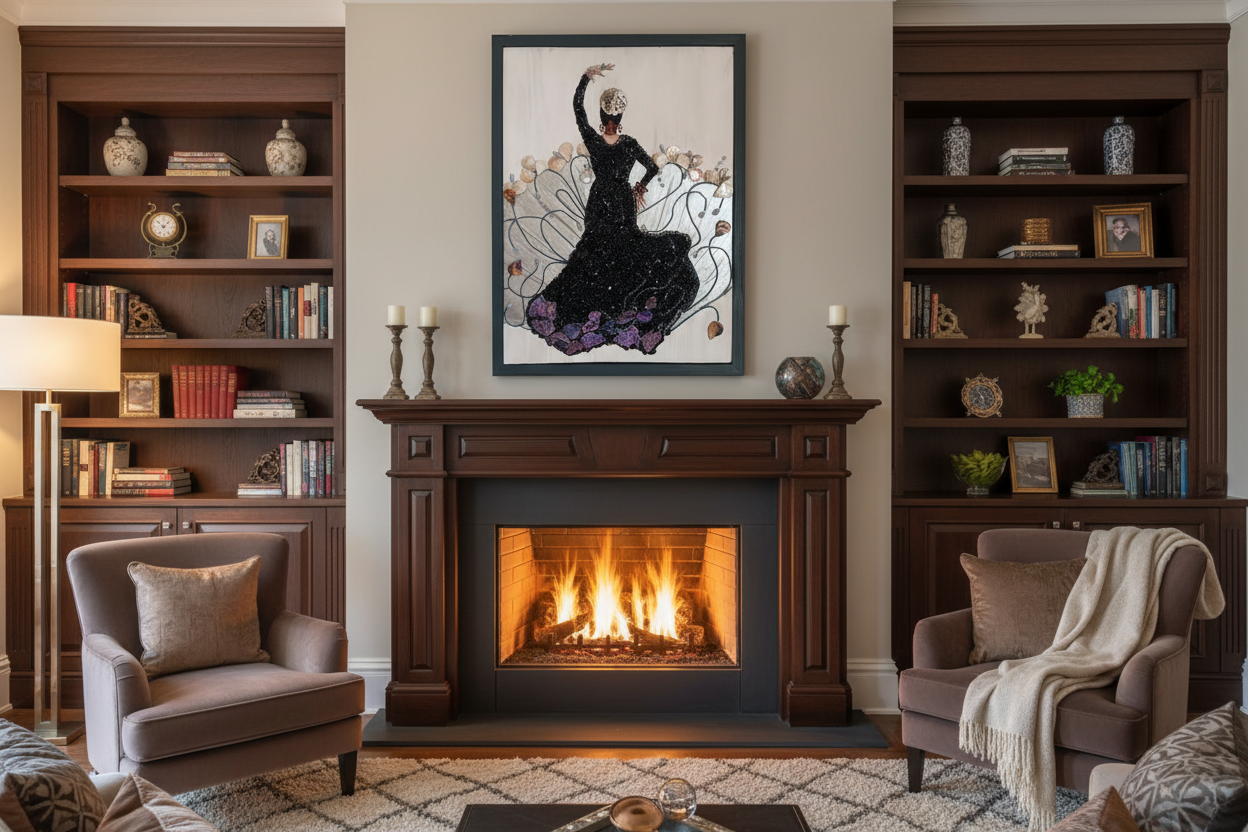 Carmen mosaic artwork displayed above a fireplace in an elegant living room