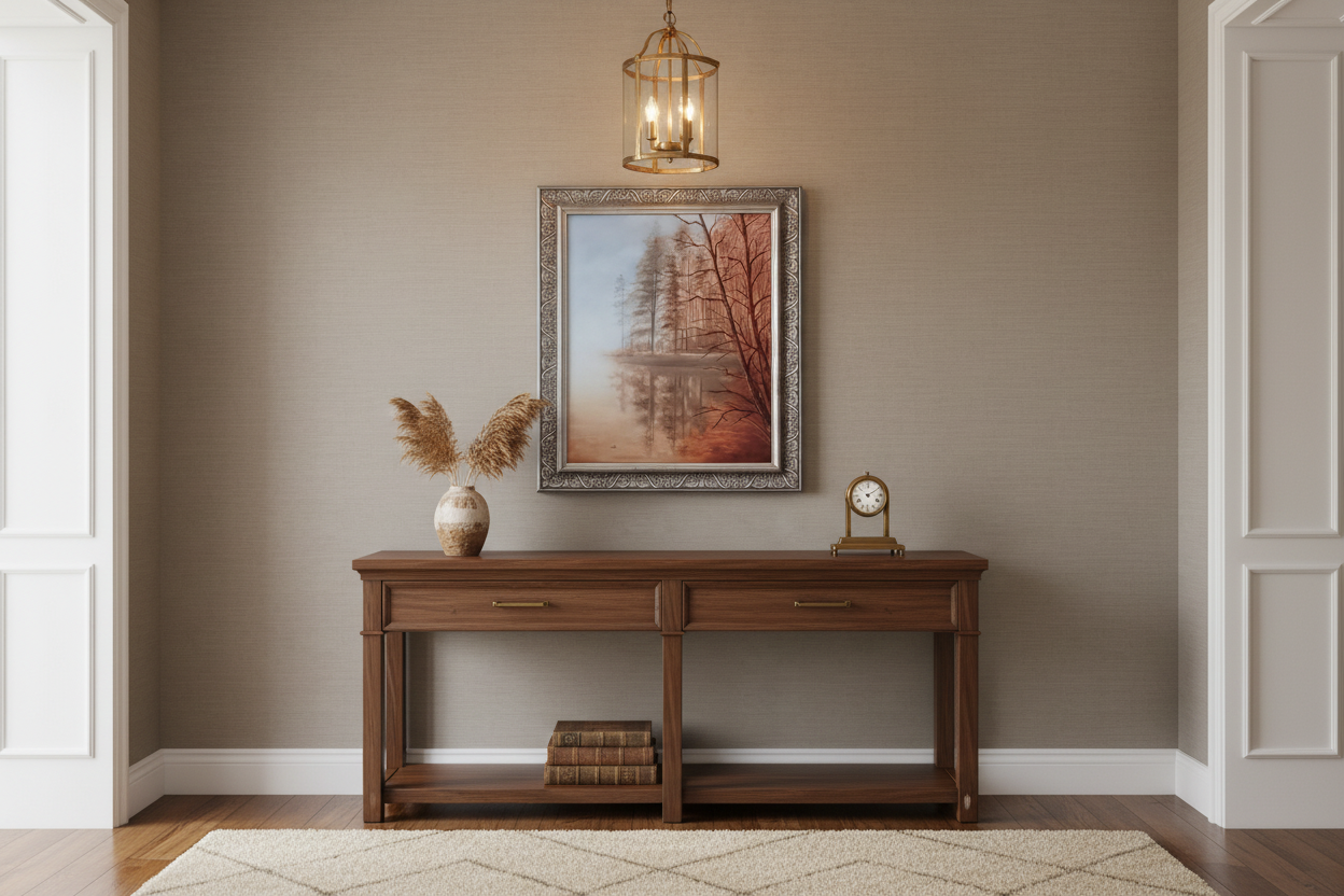 Golden Autumn oil painting displayed in a home entryway