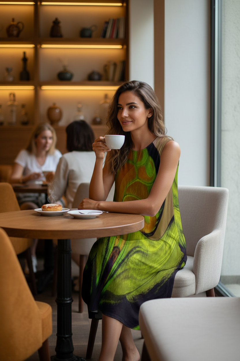 Women's Sleeveless Dress 100% Cotton Orange/Green