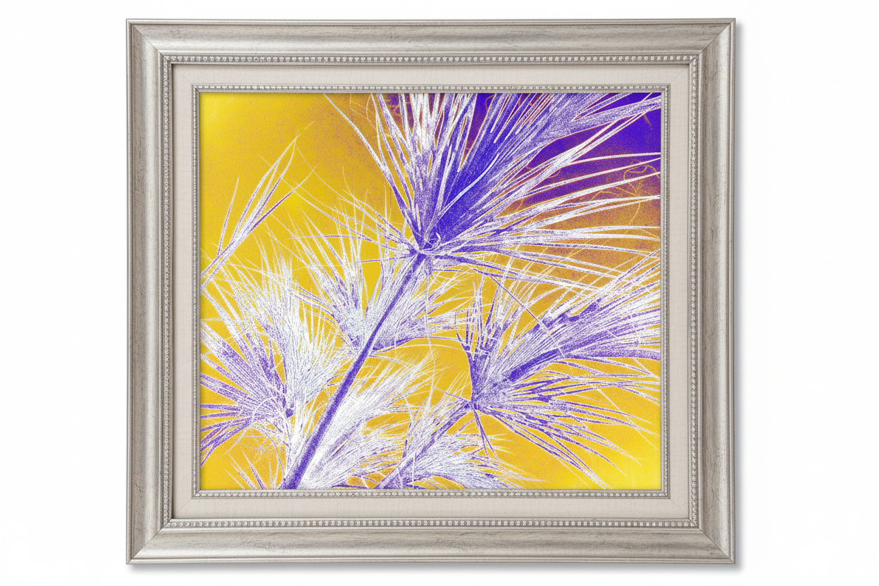 Yellow and purple abstract art with silver frame