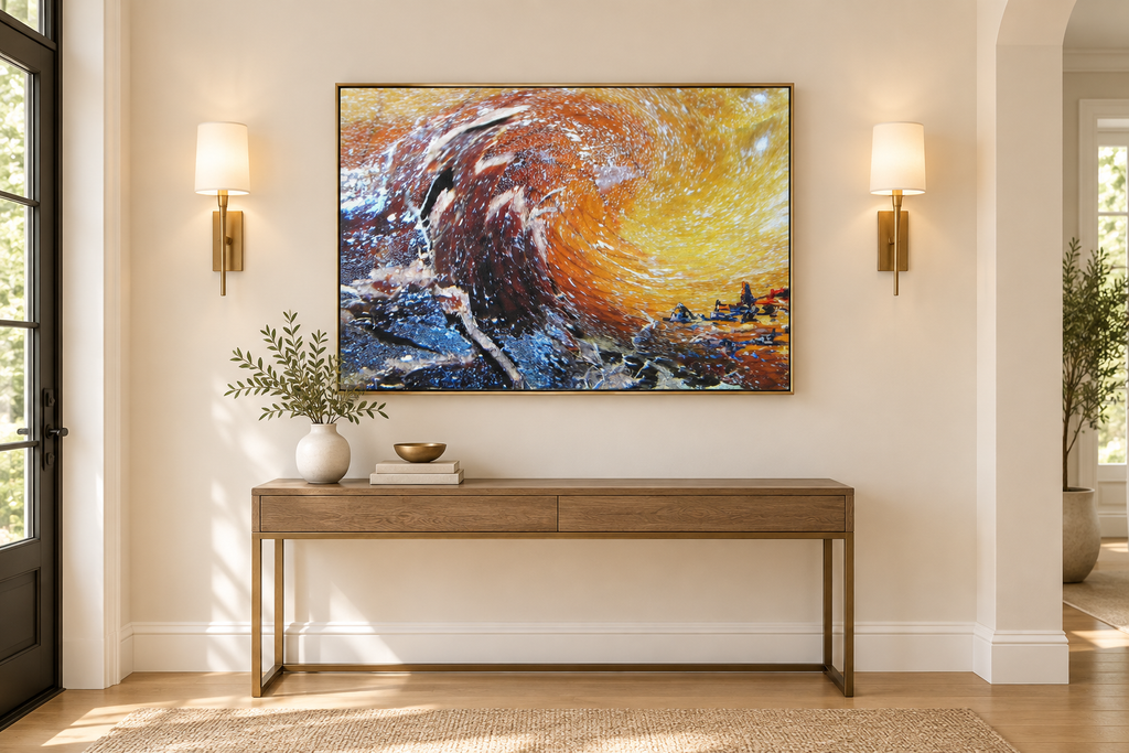 Tidal Majesty canvas displayed in a bright entryway with matching lights on both sides