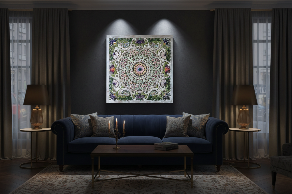 Glorious mosaic artwork in a moody, darker living room setting