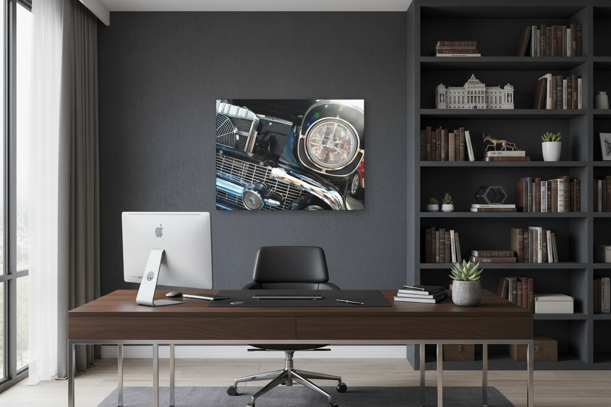 Classic car canvas wall art displayed in professional home office