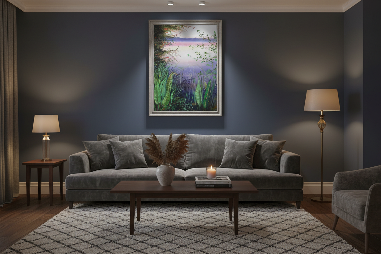 Artwork in silver frame displayed in low light living room