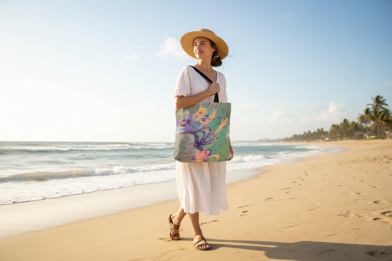 Girl with colorful abstract tote bag walking on the beach