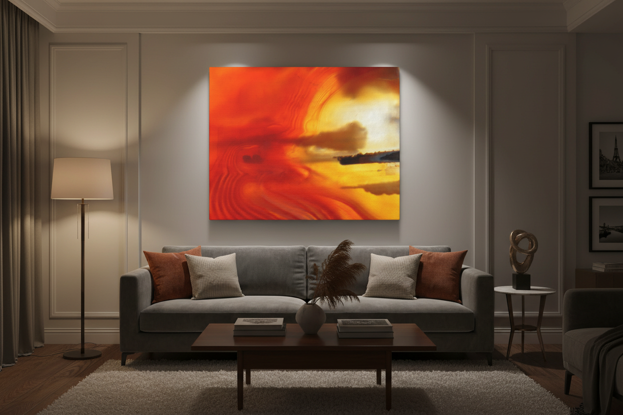 Artwork displayed in low light living room