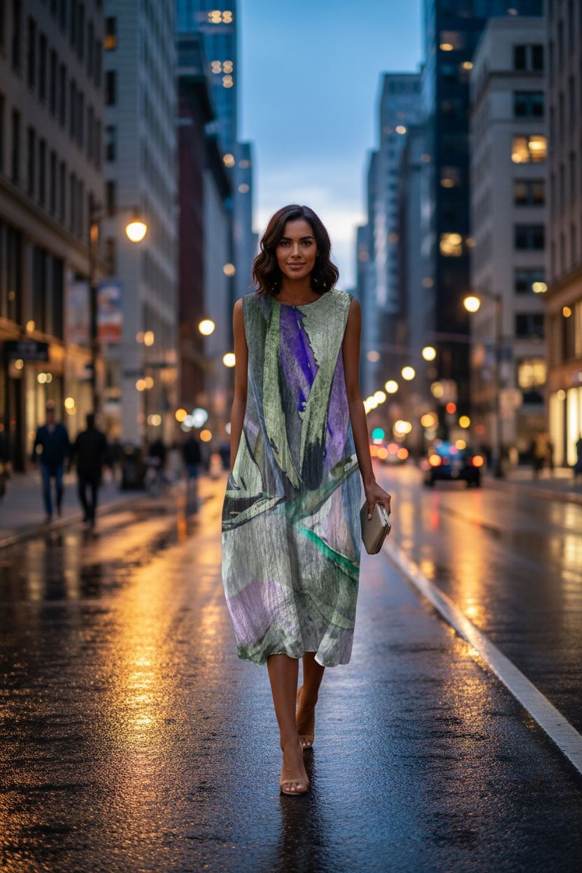Woman walking in the city at evening - full body