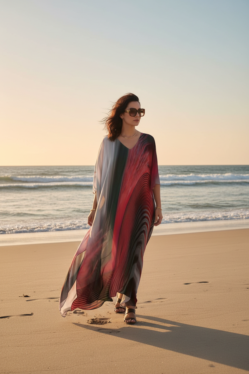 Woman wearing Red/Gray V-neck dress on the beach