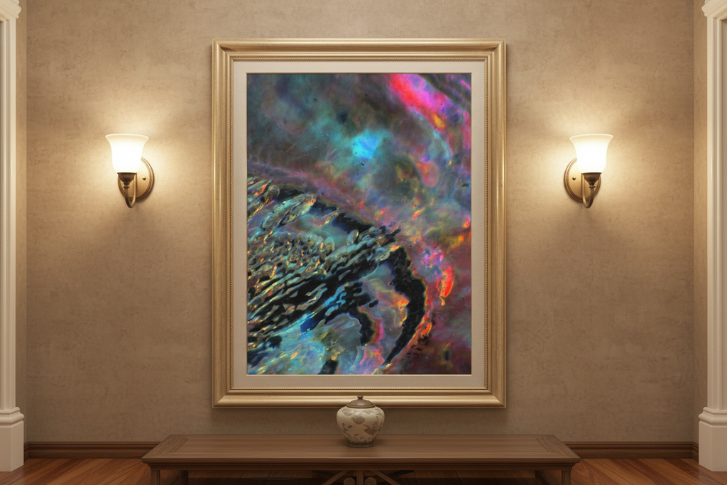 Flight to the Sun Canvas Art Print in light gold frame in entryway with sconce lights on both sides