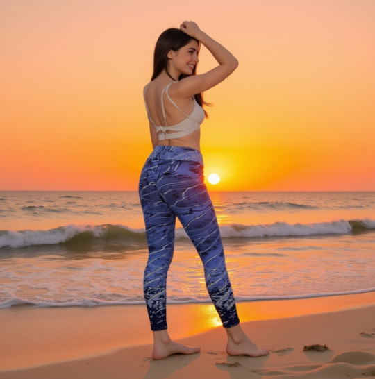 Woman in athletic wear standing on a beach at sunset