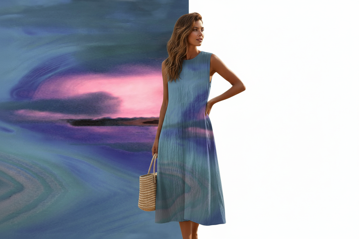Light Blue Dress with Sunset Art Backdrop