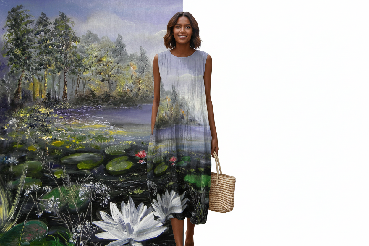 Lilac Black Dress with Lily Pond and White Background