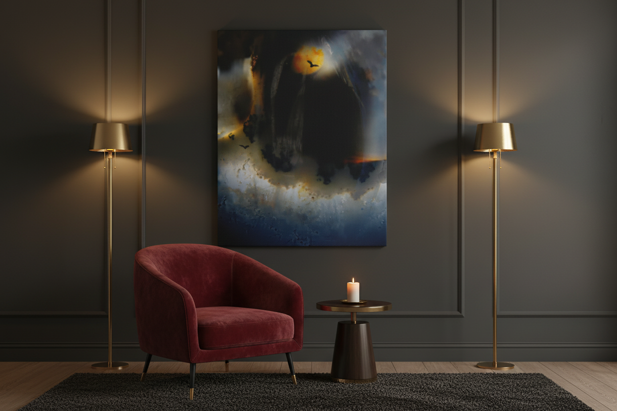 Living room gray walls red chair with lights