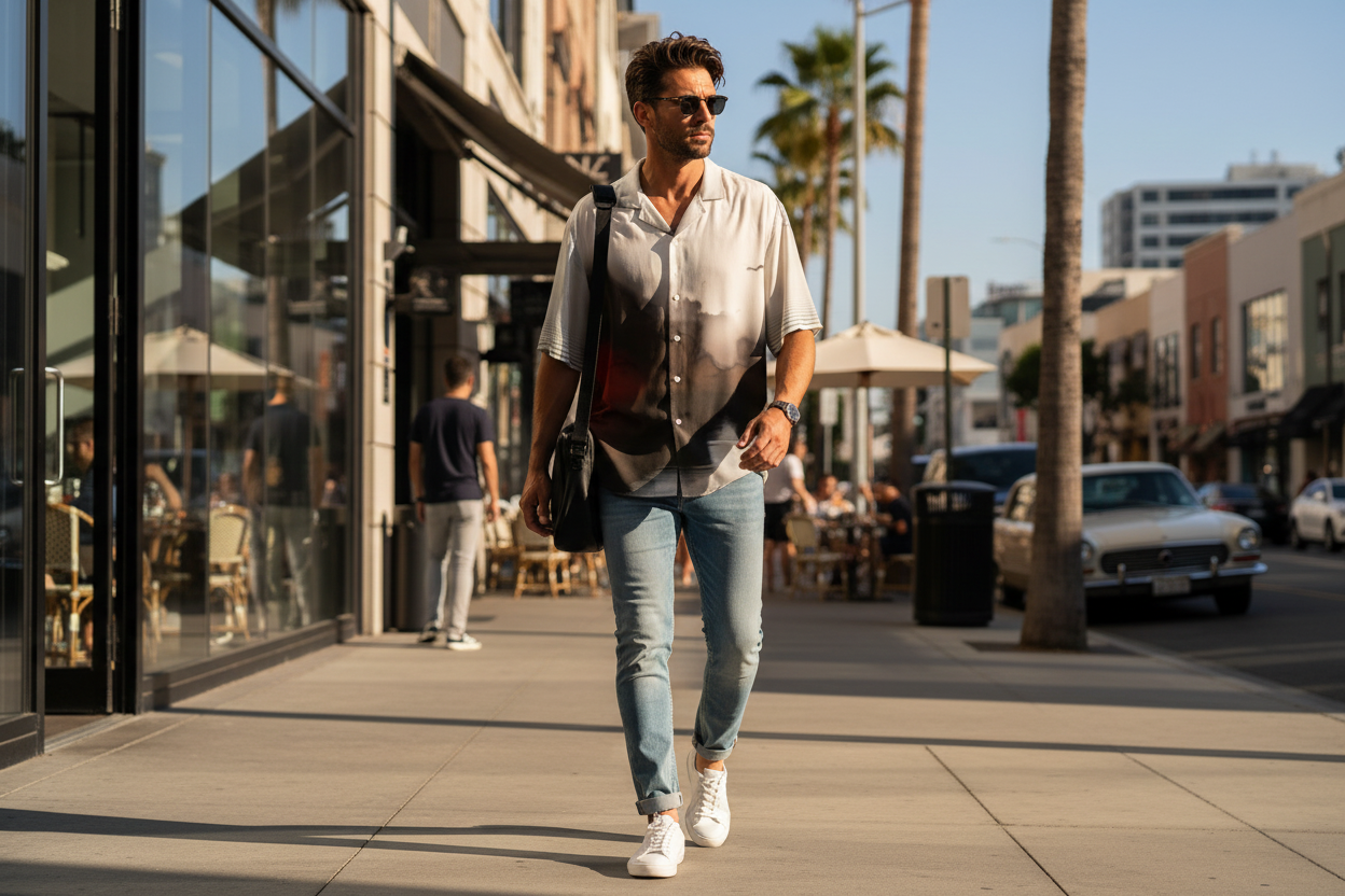 Man in Islands Hawaiian Shirt on Street