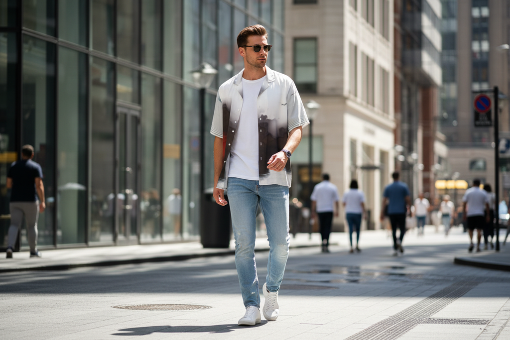 Man in Islands Hawaiian Shirt on Street
