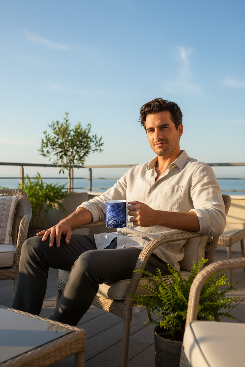 Man on terrace with blue mug