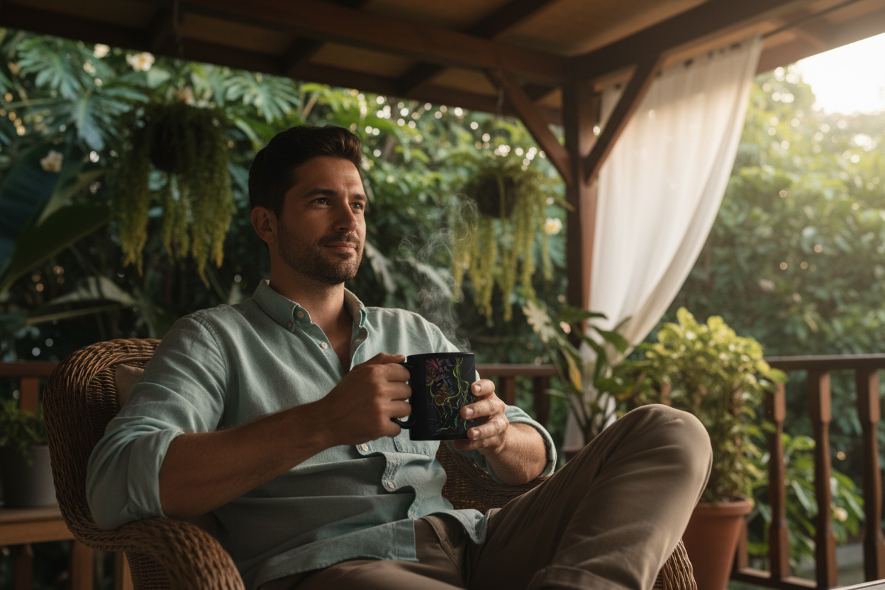 Man on veranda holding Bloom & Black mug