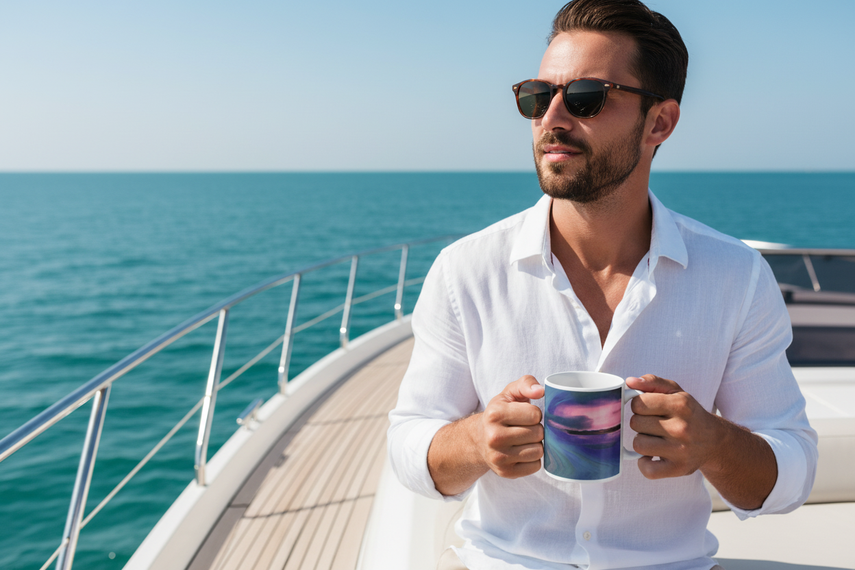 Man on yacht holding Florida Sunset mug