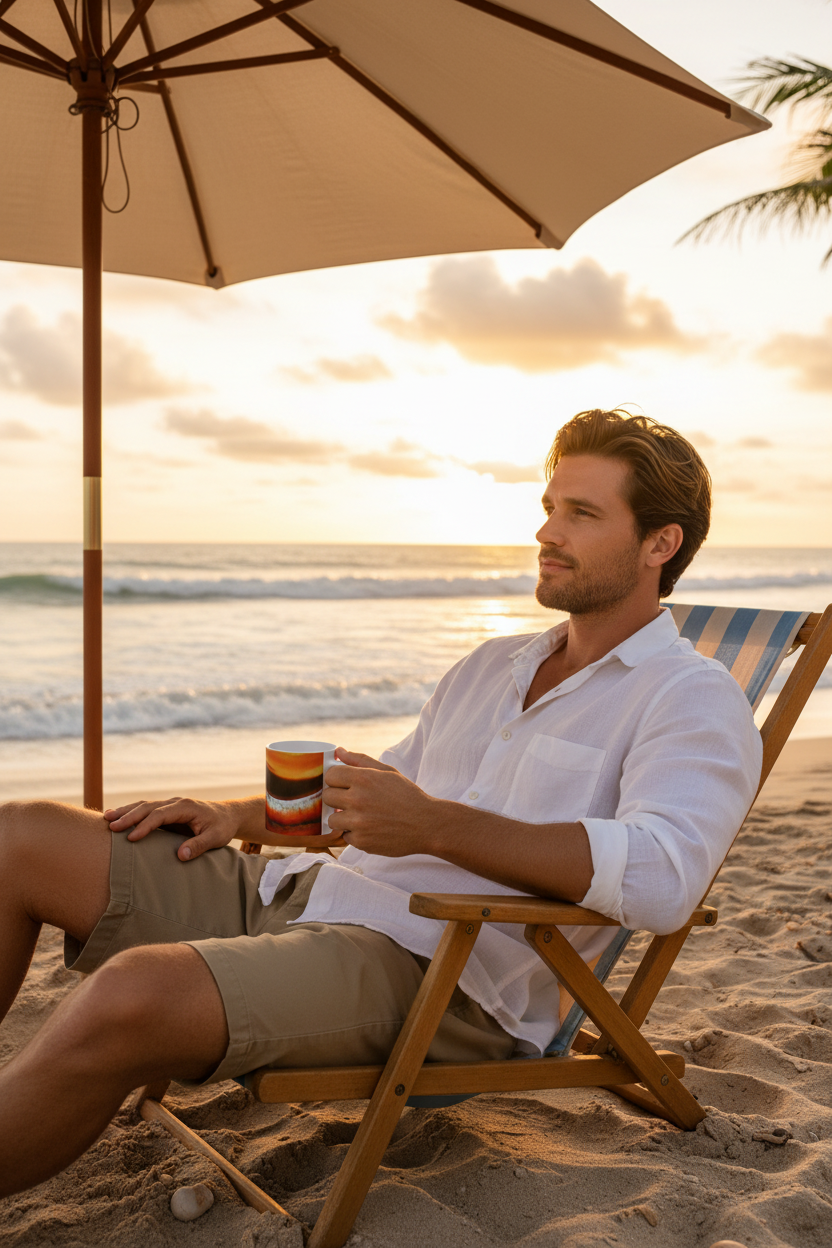 Man sitting on beach chair with agate landscape mug