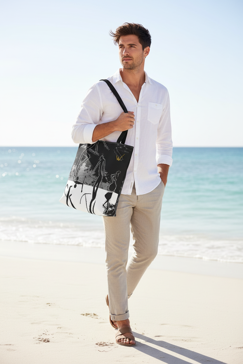 Man walking on beach with Abstract Tote Bag
