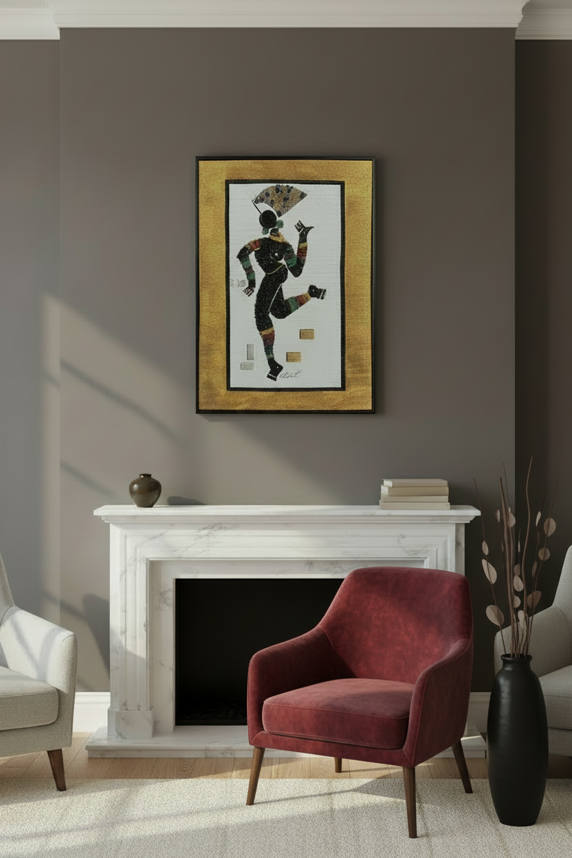 Mujer Solitaria above a fireplace with a red chair and floor vase