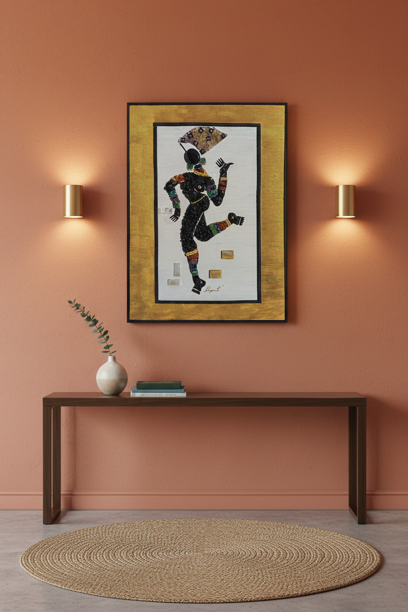 Mujer Solitaria in a warm entryway with lights on both sides