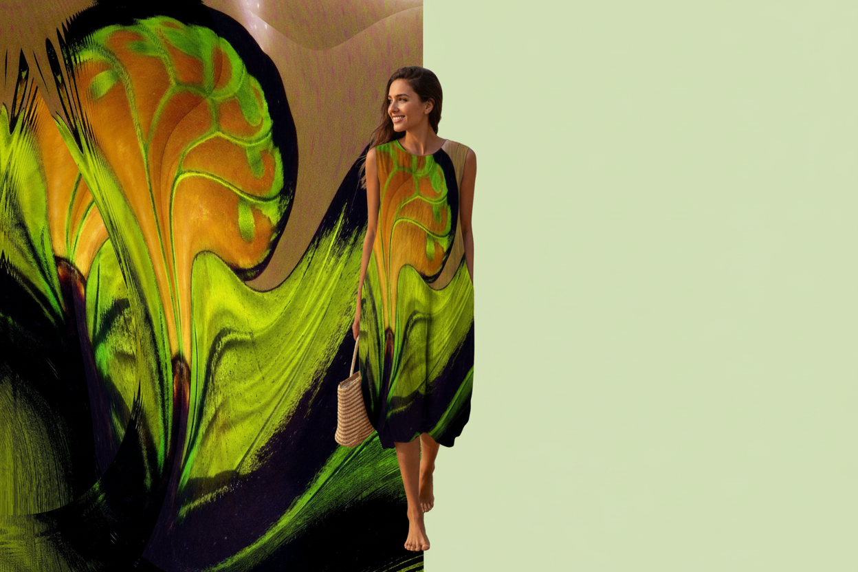 Orange Green Dress with Abstract Art Backdrop