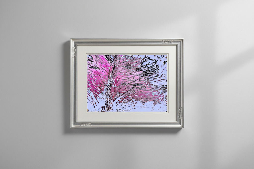 Pink tree artwork in silver frame