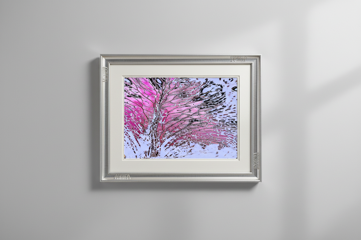 Pink tree artwork in silver frame