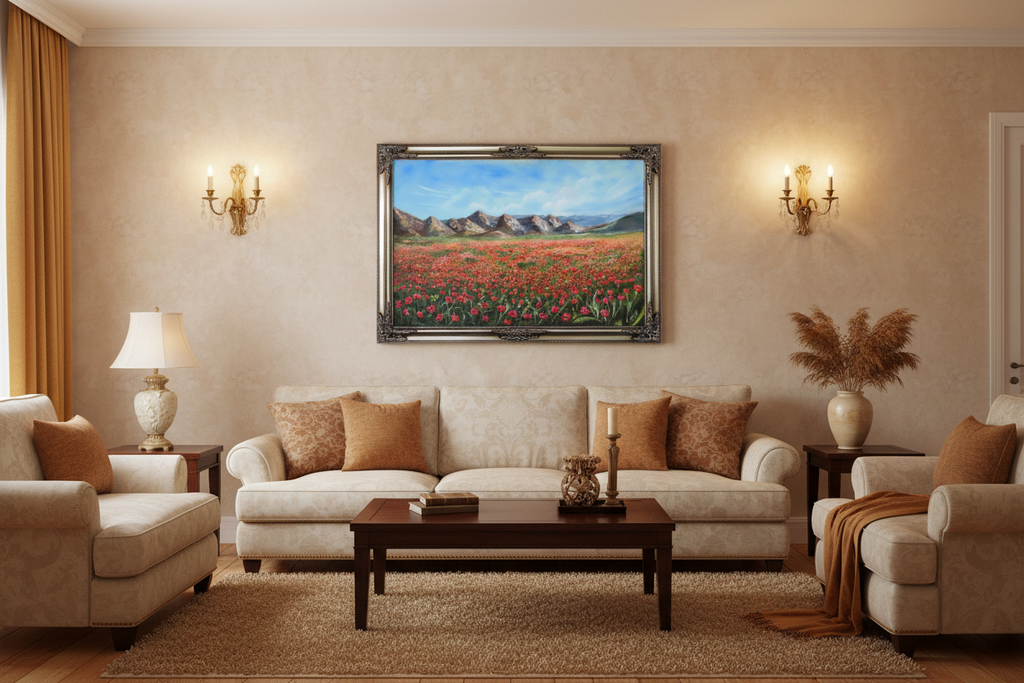 Silent Symphony in Red — Balanced Candlelit Evening Living Room