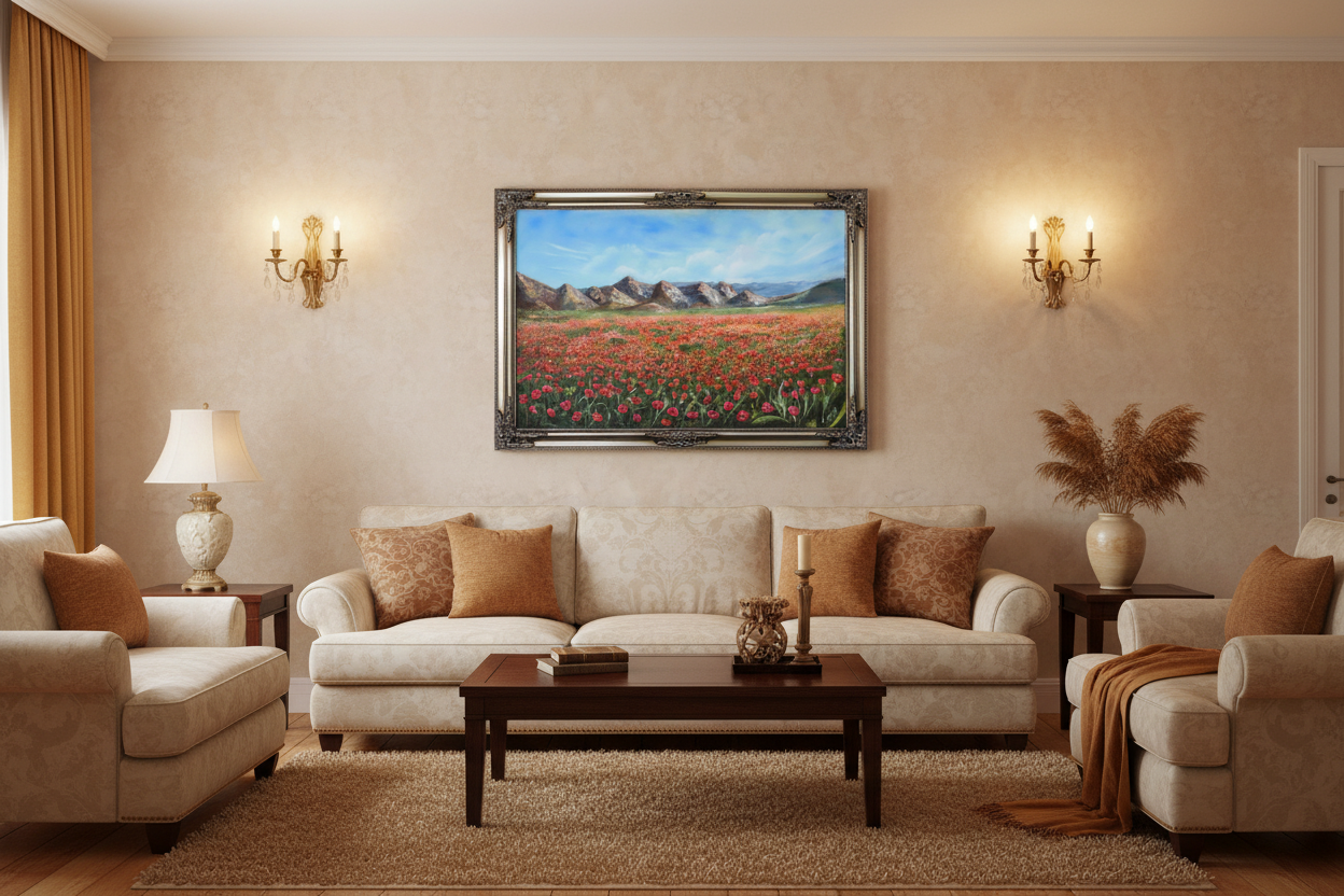 Silent Symphony in Red — Balanced Candlelit Evening Living Room