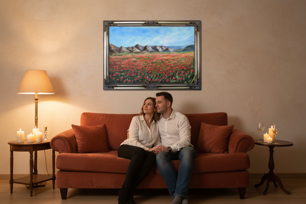 Silent Symphony in Red — Couple in Evening Living Room