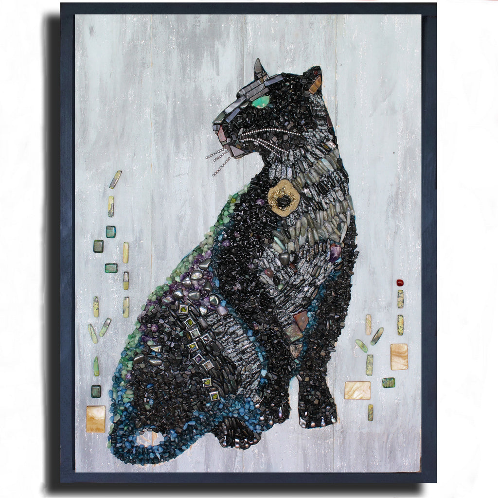 Black Panther Mosaic with Semiprecious Stones on Wood -  SOLD